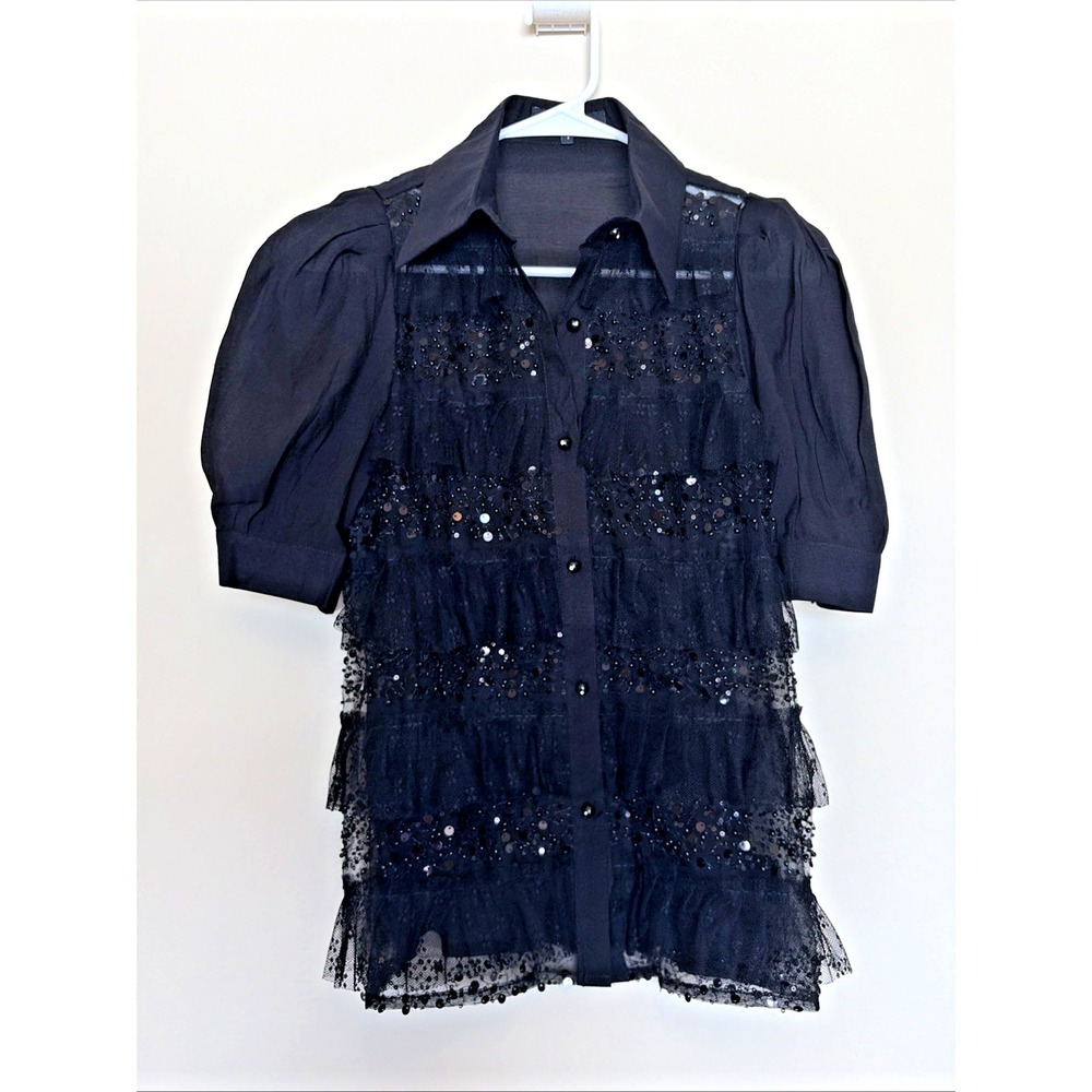 Beulah Style Black Lace Sequin Detail Sheer Puff Sleeve Top Blouse‎ Shirt Small